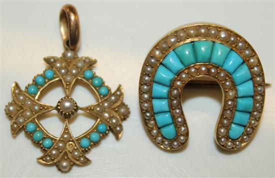 15ct gold seed pearl and turquoise pendant and a simular horseshoe brooch